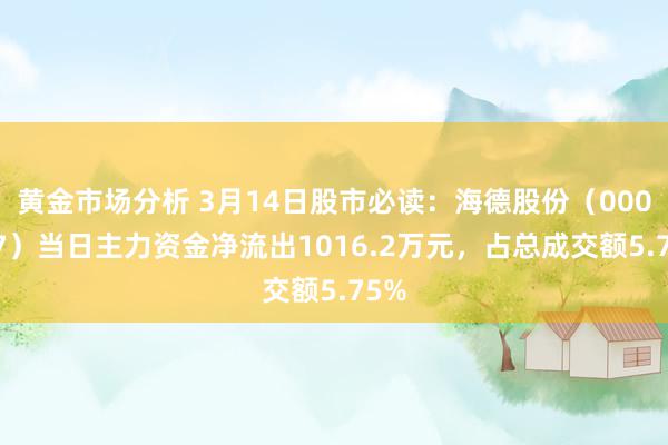 黄金市场分析 3月14日股市必读：海德股份（000567）当日主力资金净流出1016.2万元，占总成交额5.75%